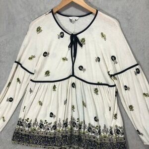 Lucky Brand Floral Peasant Top Tie Neck‎ Long Sleeve Bohemian Blouse M